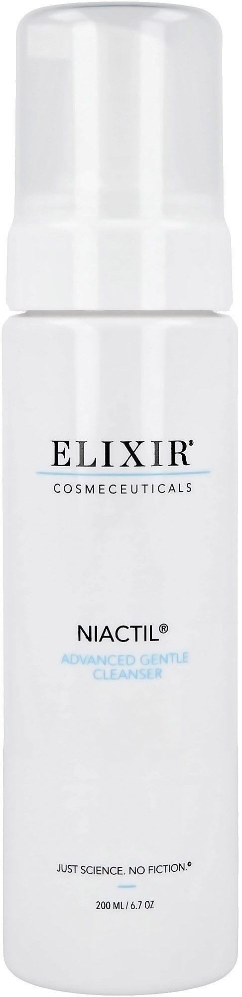 Valkoinen pullo, jossa teksti: Elixir, Cosmetic, Niactil, Advanced Cysteine Complex ja 200 ml.

