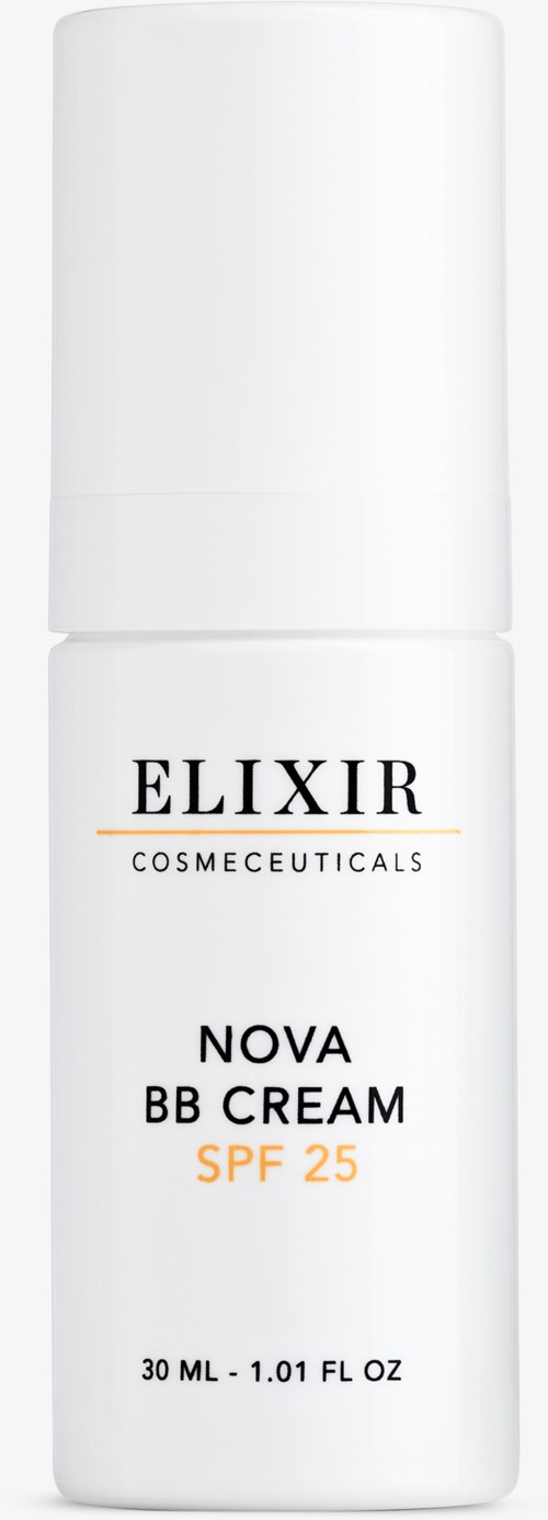 En vit flaska märkt Elixir Cosmecuticals Nova BB Cream SPF 25, 30 ml, med vit lock.