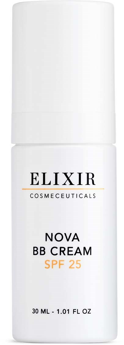 Vit flaska med pump, märkt Elixir Cosmeceuticals Nova BB Cream SPF 25, 30 ml.