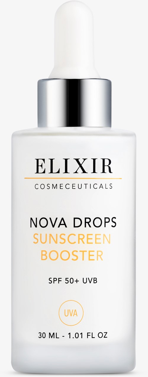 Biały butelka z kroplomierzem oznaczona Elixir Nova Drops Sunscreen Booster, SPF 50+, ochrona UVA, 30 ml.