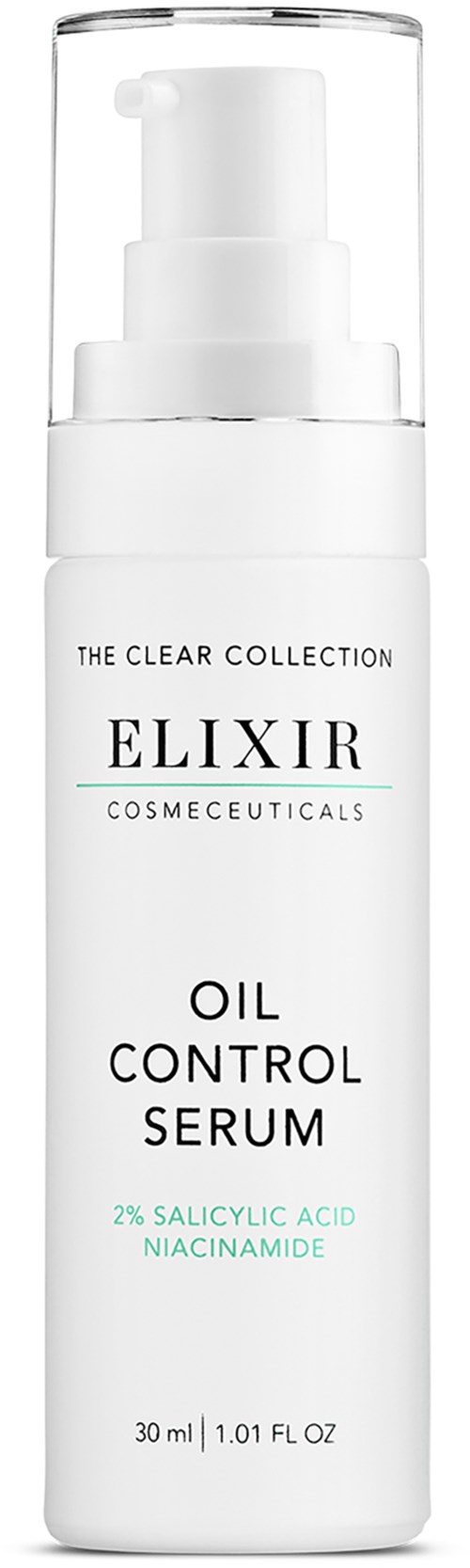 En vit flaska med pump, märkt 'Elixir Oil Control Serum' med 2 % salicylsyra och niacinamide.