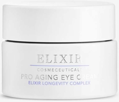 A white jar with purple and black text, labeled as an eye cream with a focus on anti-aging and longevity.