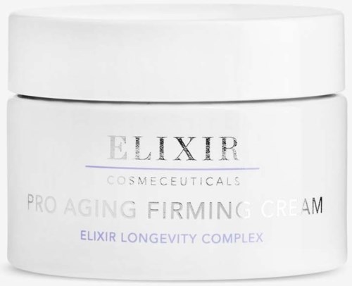 Valkoinen purkki, jossa lukee "Elixir" ja teksti anti-age- ja ihonhoidosta.