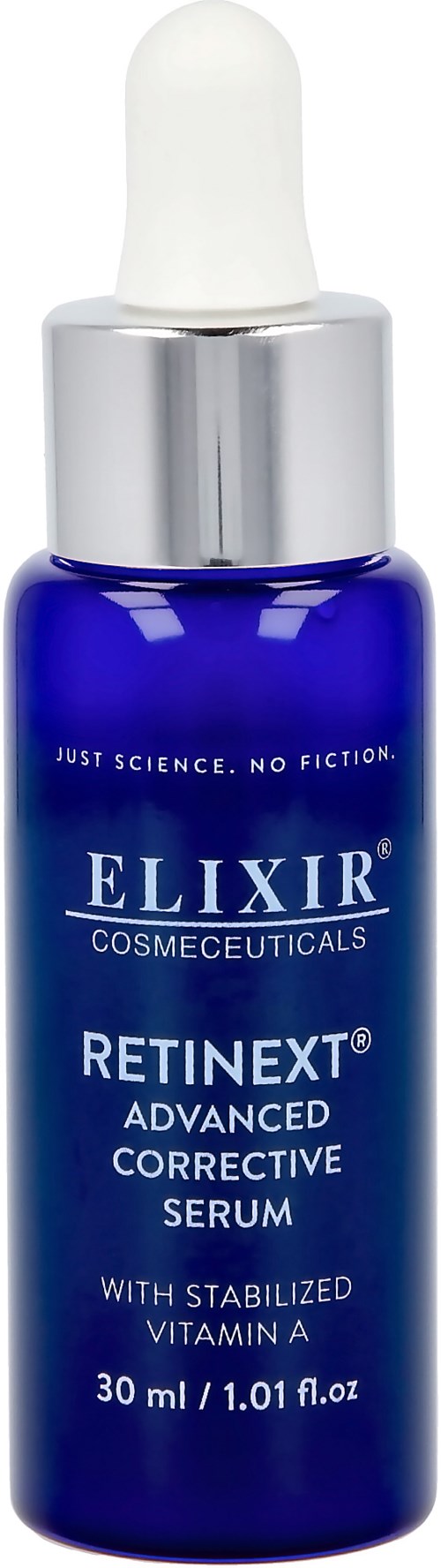 En blå flaska med en vit pipettlock som innehåller Retinext-serum, märkt som ett korrigerande hudvårdsprodukt med vitamin A.
