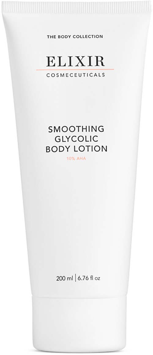 En vit tub med kroppslotion märkt 'Elixir Cosmetics' för jämnande och glycolisk användning, innehåller 200 ml.