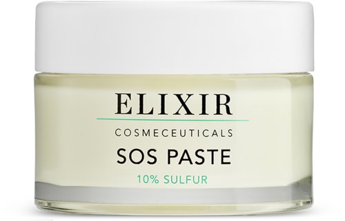 Ein kleiner Glas mit Hautpflegecreme, beschriftet mit 'Elixir SOS Paste 10% Sulfur', mit weißen Deckel und schlichtem Design.
