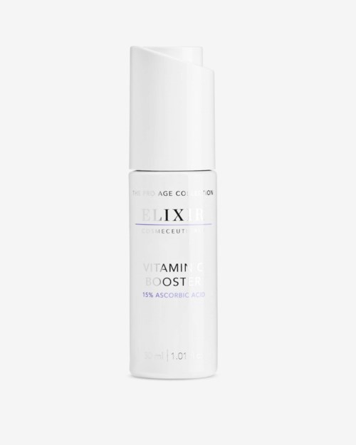 A white bottle labeled 'Elixir Vitamin C Boost' with a pump top, likely a skincare product.