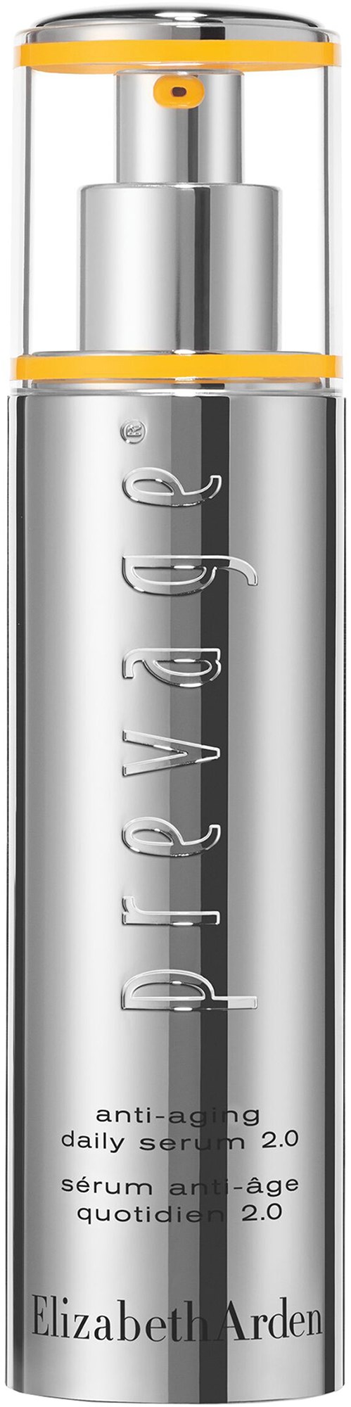 Een zilveren fles met doorzichtig deksel, gelabeld 'Perfect' en 'Elizabeth Arden' anti-aging serum.