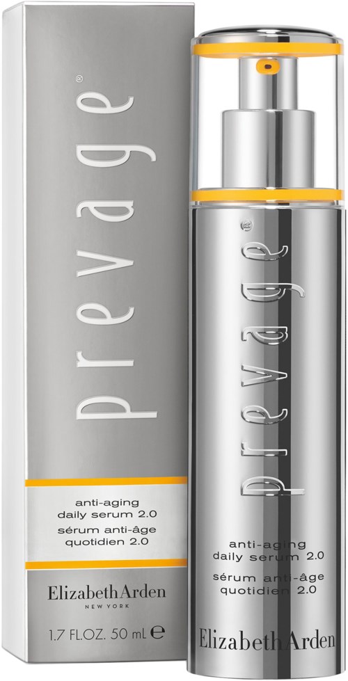 Een zilveren en gele fles Elizabeth Arden Provive anti-aging serum naast een grijze doos.