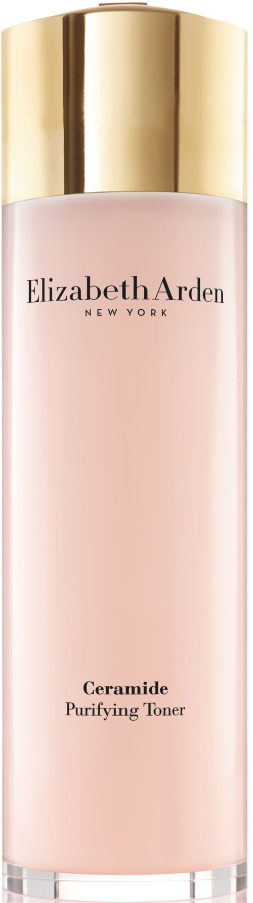 En lång, ljusrosa flaska med guldlock märkt Elizabeth Arden Ceramide Renande Toner.