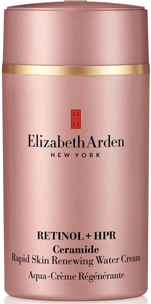 En rosa flaske med gullkant og Elizabeth Arden-logo, merket for Retinol + HPR Ceramide ansiktskrem, liten størrelse.