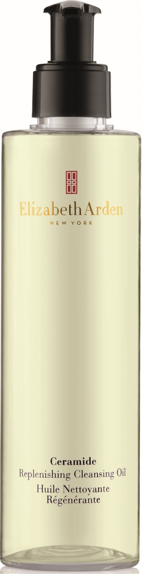 Pitkä kirkas pullo mustalla pumppupäätä, merkiltään Elizabeth Arden Ceramide Replenishing Cleansing Oil.
