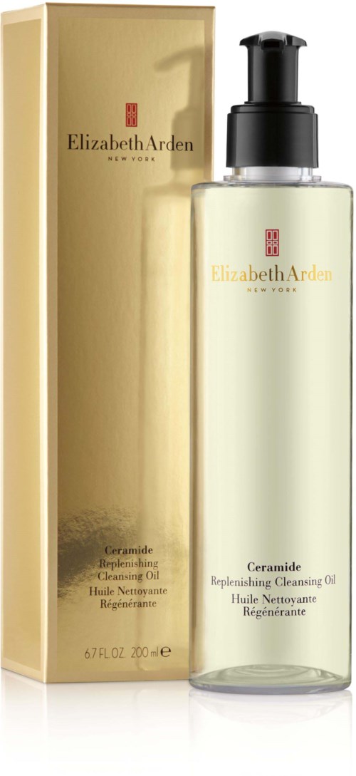 Läpinäkyvä pullo pumpulla ja kultainen boxi, molemmissa Elizabeth Arden -logo. Etiketissä lukee Ceramide Puhdistusöljy.