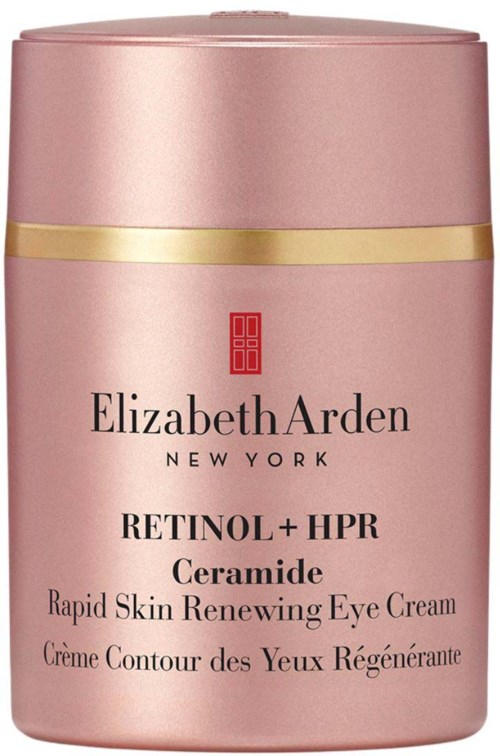Roze pot met Elizabeth Arden Retinol en HPR Ceramide oogcrème voor huidvernieuwing.