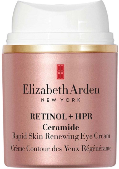 Elizabeth Arden oogcrème in roze potje, gemarkeerd Retinol plus HPR Ceramide voor huidvernieuwing.