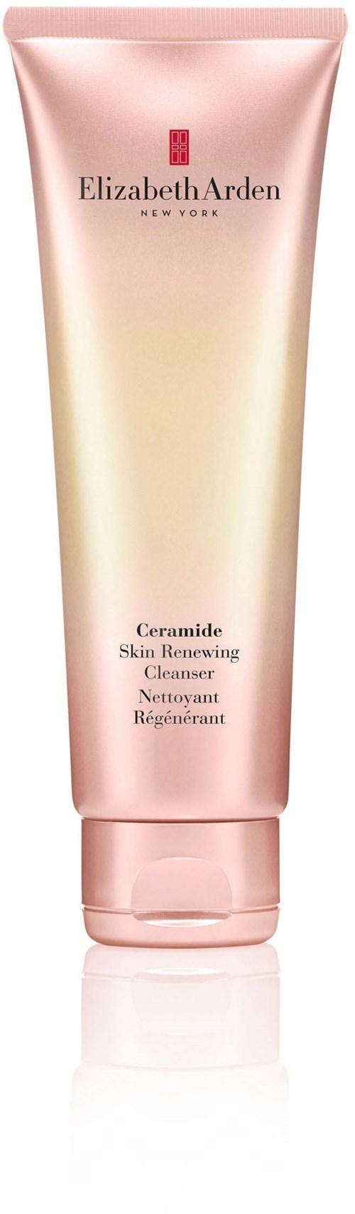 A pink tube labeled Elizabeth Arden Ceramide Skin Renewing Cleanser with a gradient effect. It is standing upright.