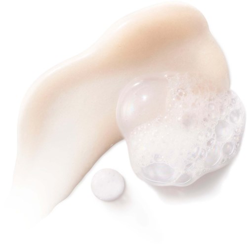 Creamy liquid with bubbles and a small round white object next to it.