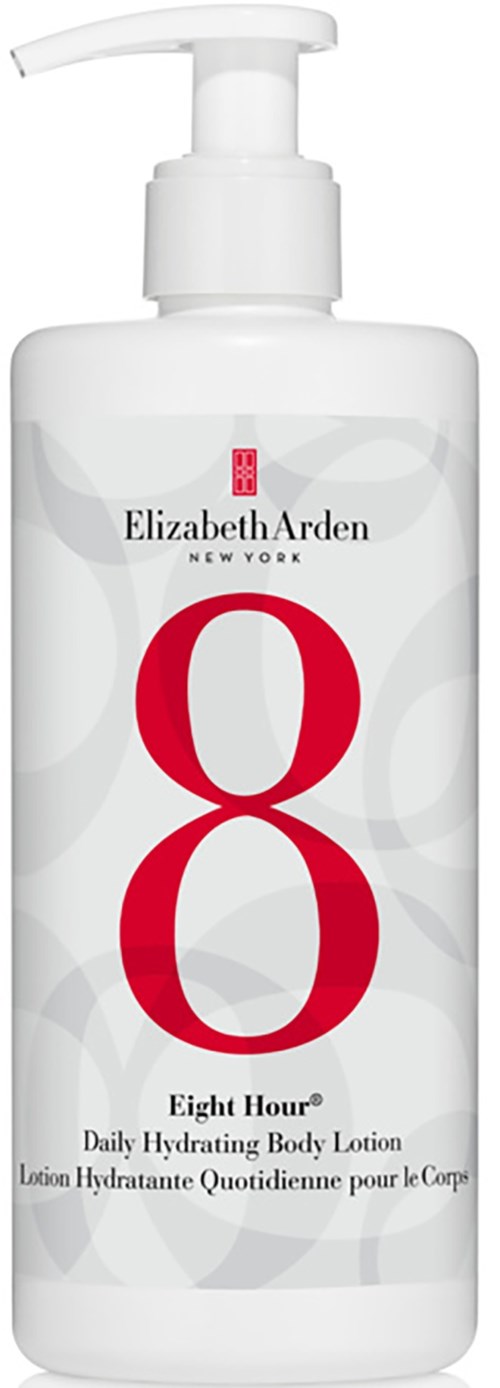 A white body lotion bottle with a pump, labeled 'Elizabeth Arden', large red number 8, and words 'Eight Hour'.