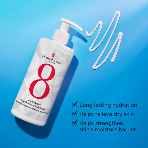 A white bottle of Elizabeth Arden Eight Hour cream on a blue background with text about moisturizing benefits.
