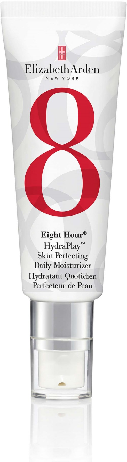 A white tube of Elizabeth Arden moisturizer with red and black text, number 8 on the front, silver cap.
