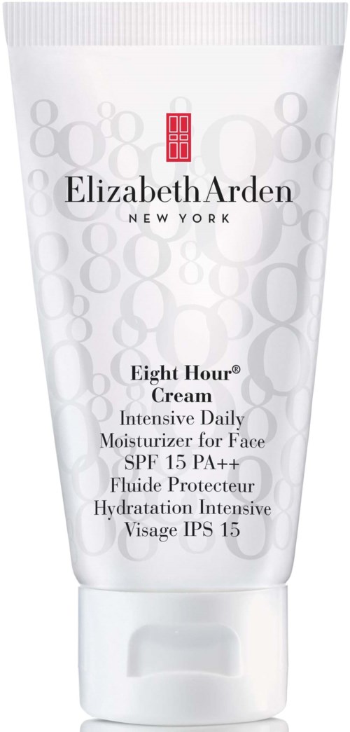 Biała tubka kremu do twarzy Elizabeth Arden, Eight Hour Cream, z SPF 15, do codziennego użytku.