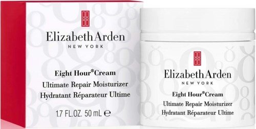 Elizabeth Arden-kräm i en vit burk och box med röda detaljer och svart text.