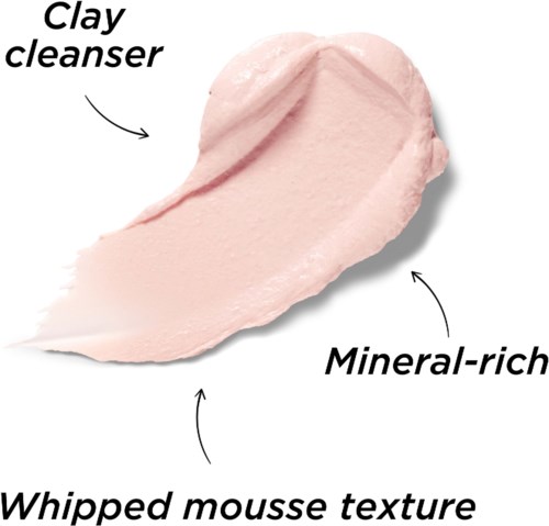 Diagrammet viser en leirrens med mineralrik, pisket mousse tekstur. Piler peker på viktige funksjoner og etiketter.
