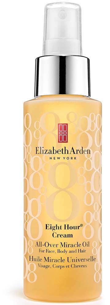 A bottle of Elizabeth Arden Eight Hour Cream, with a spray top, yellow label, and brand logo.