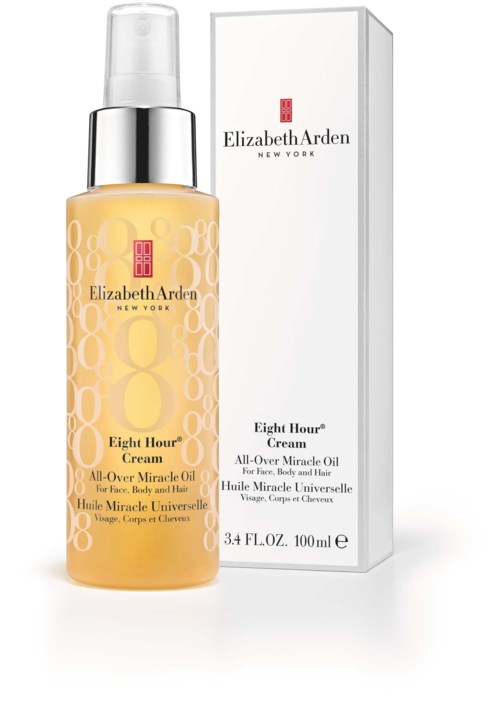 A yellow bottle of Elizabeth Arden Eight Hour Cream with a white box beside it.