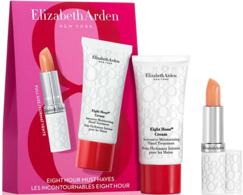 Elizabeth Arden Eight Hour cream set with two lipsticks and hand cream in pink packaging.