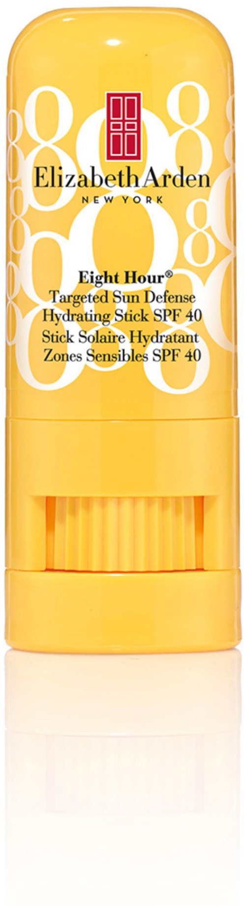 Gul pærestav med Elizabeth Arden og SPF 40 på, for solbeskyttelse og hydrering.