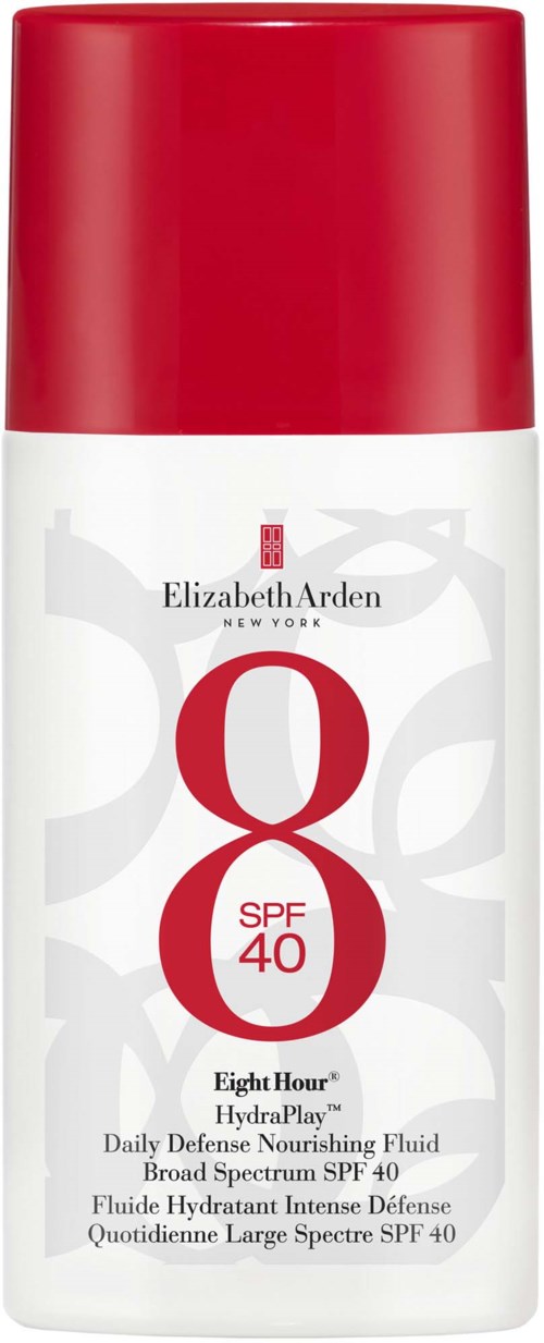 A white bottle with a red cap, labeled Elizabeth Arden Eight Hour SPF 40, for skin hydration and sun protection.