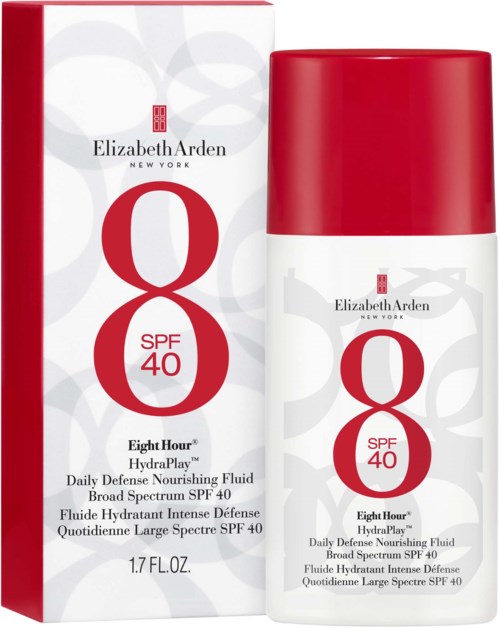 A skincare bottle with a red cap and a white label, showing the brand Elizabeth Arden and SPF 40.