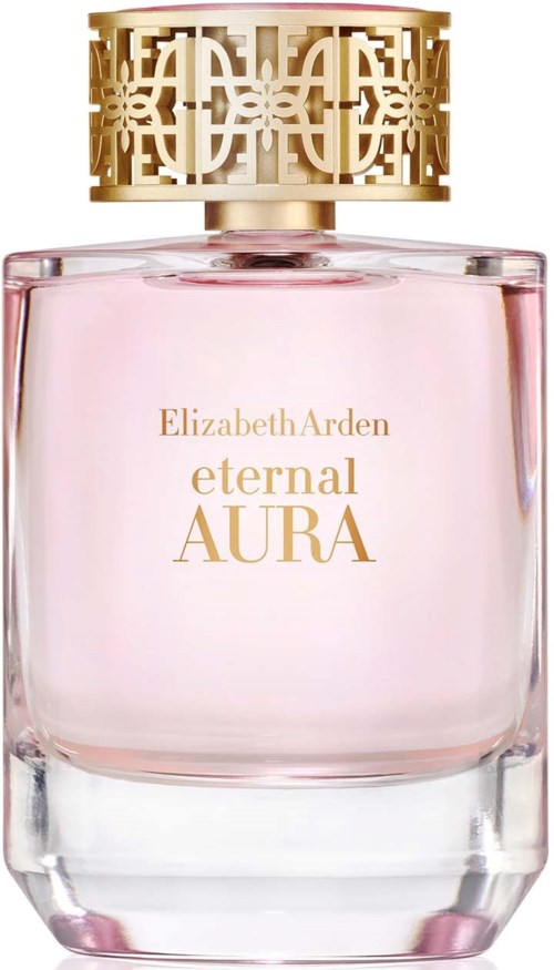 A pink perfume bottle with a gold decorative cap and gold text that reads Elizabeth Arden eternal AURA.