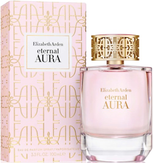 A pink perfume box and bottle labeled Elizabeth Arden eternal AURA with a gold geometric lid.