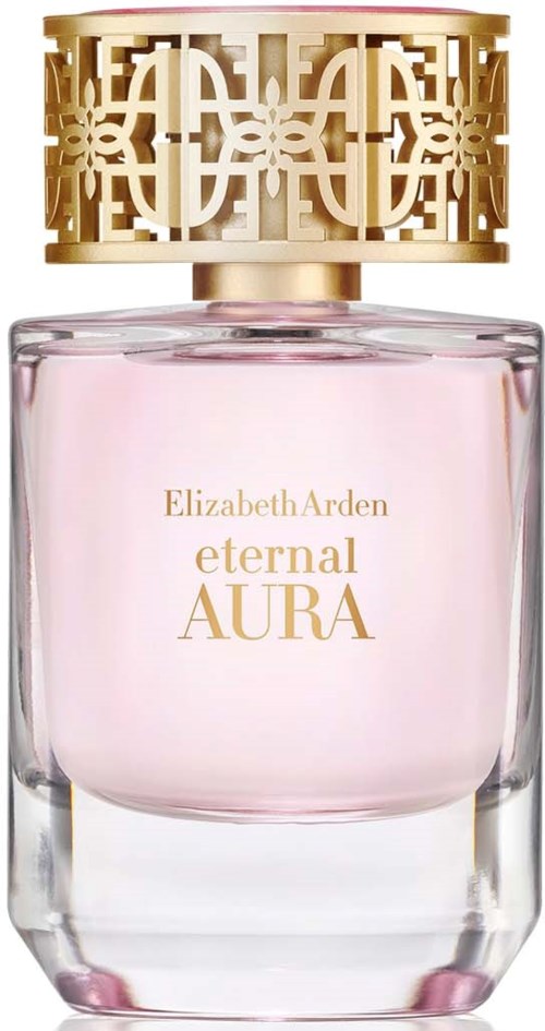 Ein Parfümflasche mit rosa Flüssigkeit und goldenem Musterkappe, bezeichnet Elizabeth Arden eternal AURA.