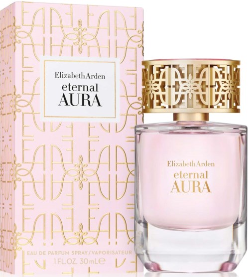 Eine Parfüfflasche mit rosa Flüssigkeit, goldener Kappe und eleganter Verpackung mit goldener Schrift und Mustern.