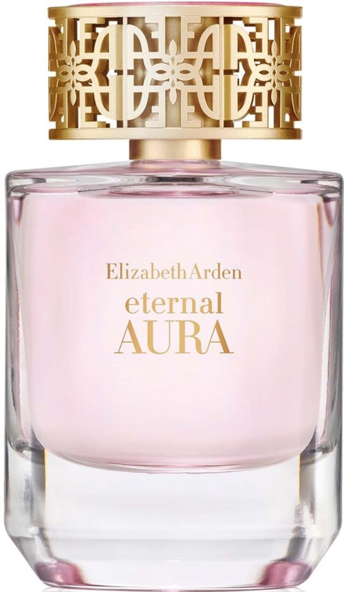 A perfume bottle with a pink liquid, golden cap, and label reading Elizabeth Arden eternal AURA.