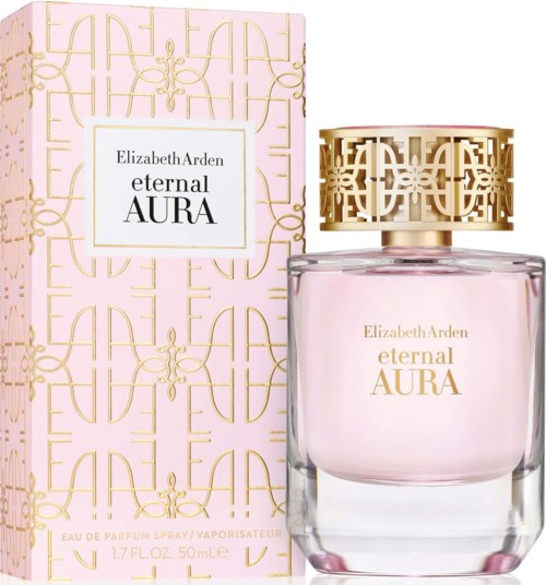 A perfume bottle with gold and pink design, and a matching box with repeating gold patterns and a white label.