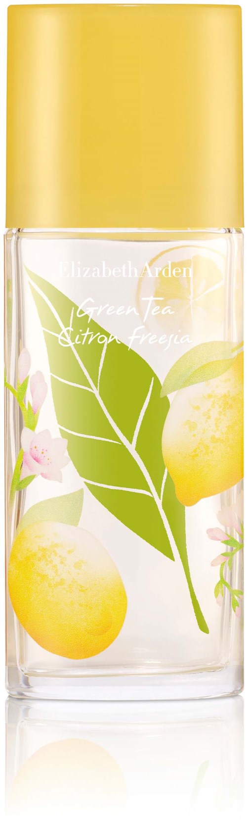 Eine Flasche mit gelbem Deckel, Zitronen- und Blattmuster, und Blumenmotive auf durchsichtigem Glas.