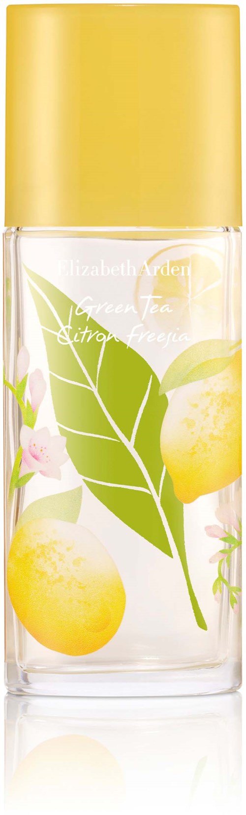 A clear bottle with a yellow cap, decorated with leaves, lemons, and flowers, likely a scent or cosmetic product.
