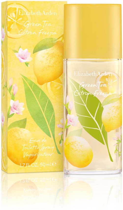 A perfume bottle and box with yellow lemons, green leaves, and pink flowers for a lemon tea scent.