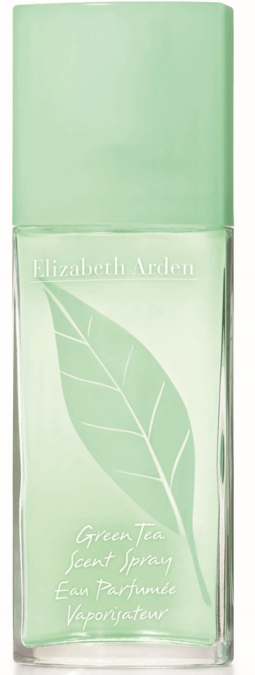 A perfume spray bottle with a green leaf design and light green cap, labeled "Green Tea" by Elizabeth Arden.