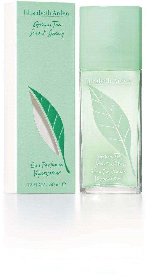 A perfume bottle with a green tea leaf design, packaging in soft green colors, labeled Elizabeth Arden Green Tea Scent Spray.