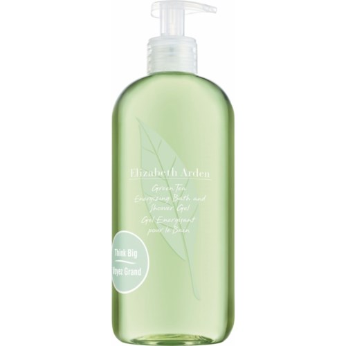 A light green bottle with a pump, labeled as Elizabeth Arden green tea bath and shower gel.