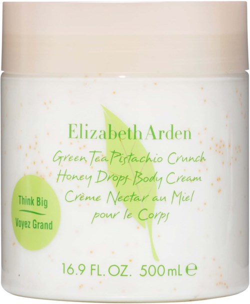 A body cream jar with green tea, pistachio, and honey, labeled by Elizabeth Arden with green and beige colors.
