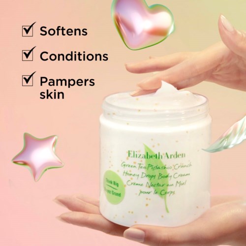 Skincare product with text highlighting softness, conditions, and pampering skin benefits.