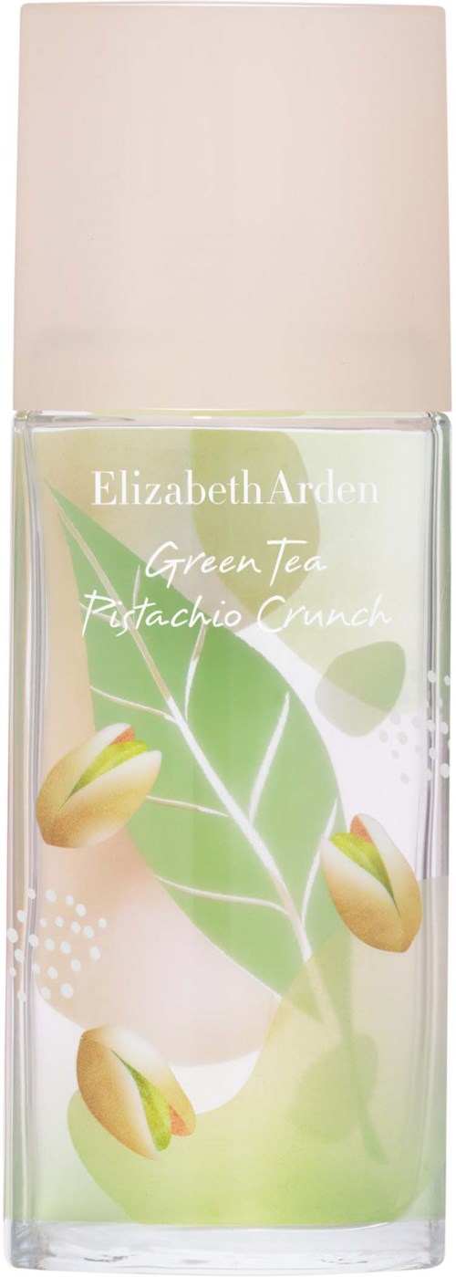 A perfume bottle with a beige cap, green tea and pistachio scent, and a label with green leaves and pistachios.