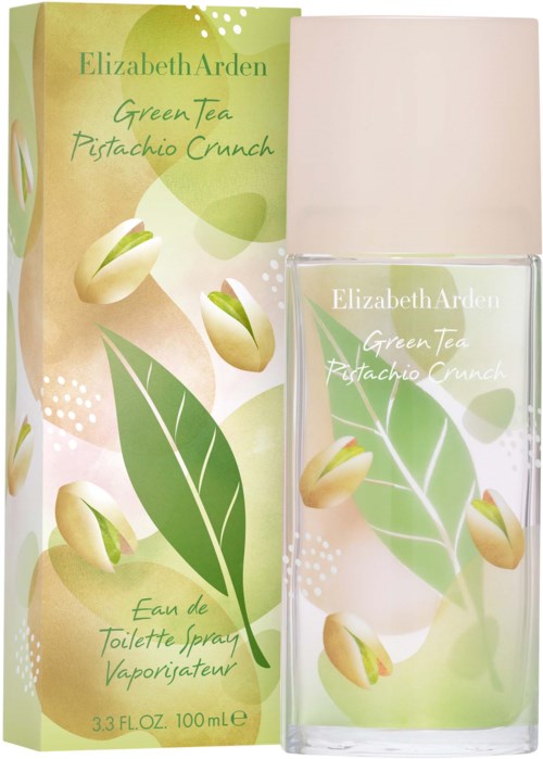 A perfume bottle with green tea and pistachio scent, decorated with green leaves and pistachio illustrations.