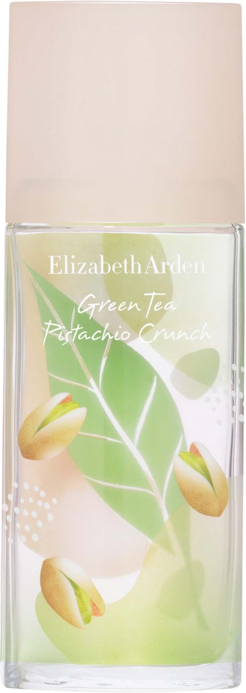 A perfume bottle with a light pink cap, featuring green tea and pistachio crush scent, and a floral design.